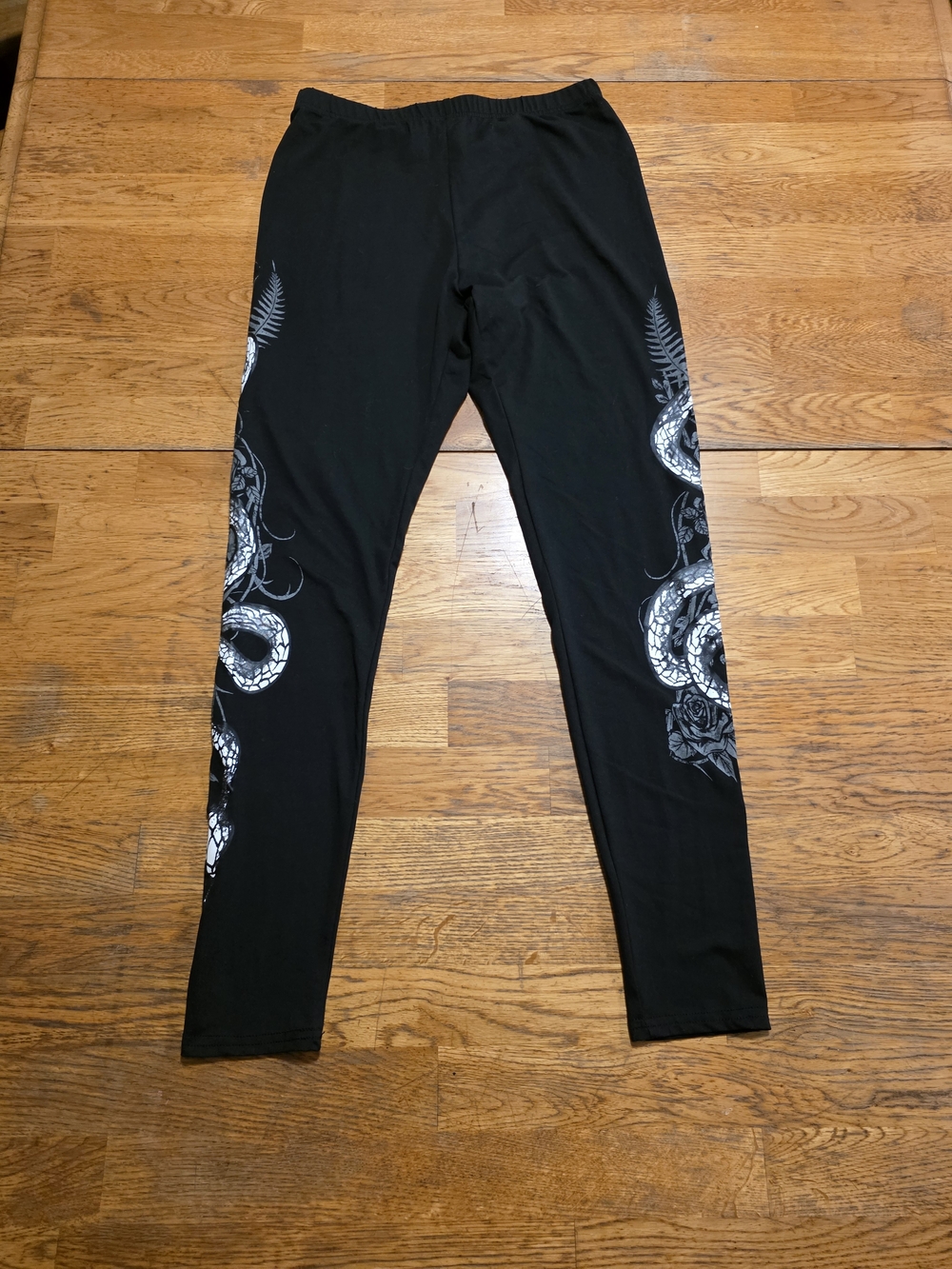 Goth Punk Rocker Snake Roses Black Leggings - Picture 2 of 5